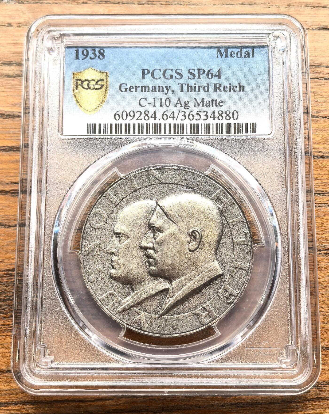 凡希社世界钱币微拍月度大拍（2025/12） 荐！1938德国柏林-罗马轴心双头像纪念银章PCGS-SP64，灰彩标准器，matte磨砂底板，保存状态极佳，见证二战历史的珍稀品种。（视频参考）
