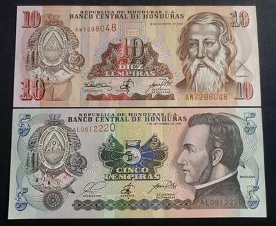 【游宝拍卖】乙巳蛇年94期 周六集拍 - 洪都拉斯-5伦皮拉/10伦皮拉【近新品相AU/AU- 轻微受潮 泛黄】