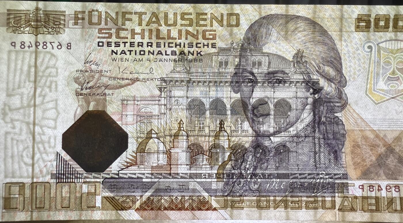 《艾美收藏》第224期-12.14周日外币超白金场 奥地利5000先令 UNC 1988年 奥地利作曲家莫扎特 原票好品 世界第一张全息膜纸币
