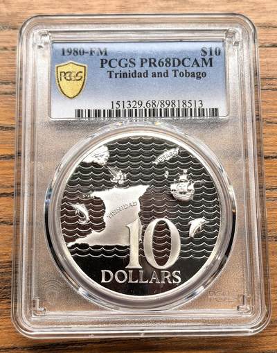 凡希社世界钱币微拍月度大拍（2025/12） - 1980FM特立尼达与多巴哥国家地图10D大银精铸PCGS-PR68DCAM