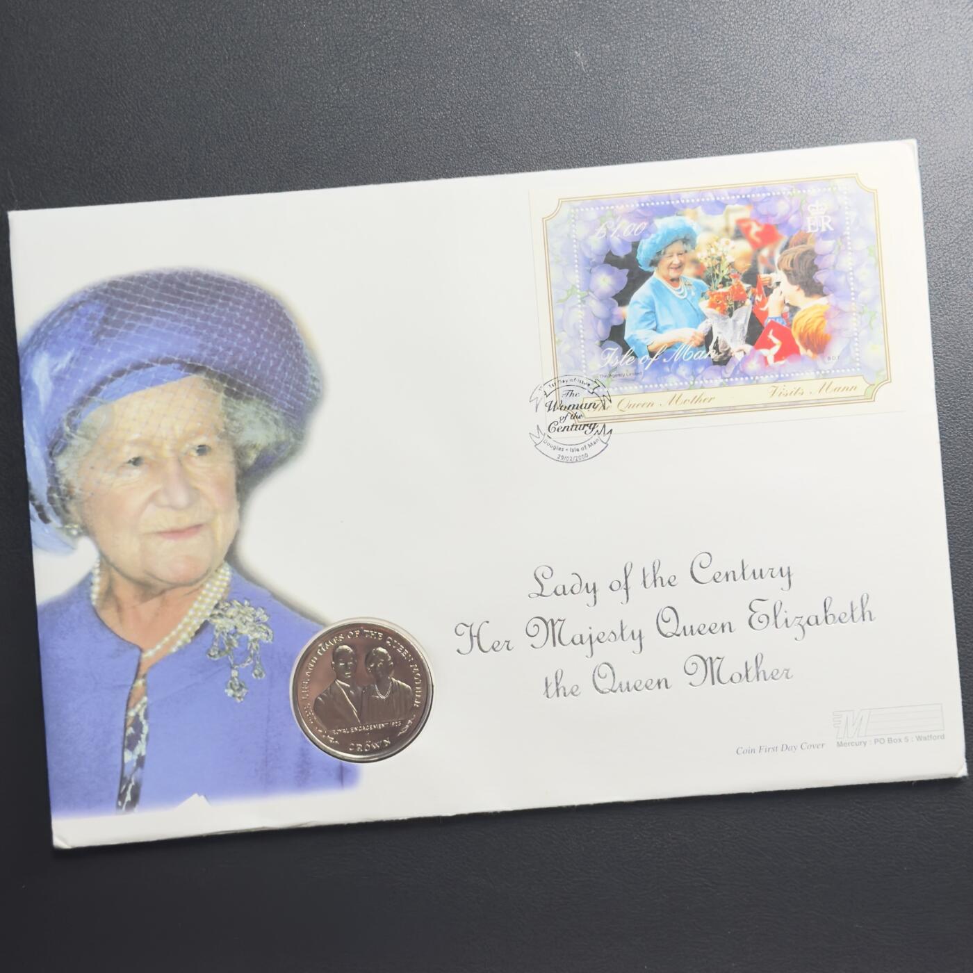 ＜小葵钱铺＞第67期·克朗币·银币场·满200包邮，不寄存·12月15日发货 〈邮币封〉马恩岛1999年王太后生平·1923年皇室订婚1克朗纪念币