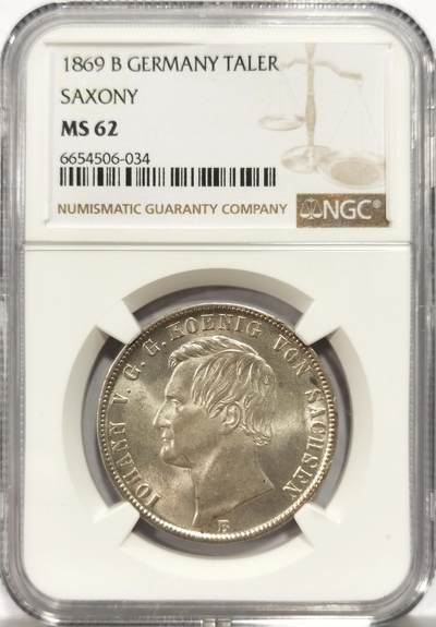 博洋堂世界钱币拍卖第151期（全场包邮） - NGC MS62 1869年德国萨克森双狮盾徽流通1泰勒银币。丝绸般的底板，肉眼可见的超级强光，感觉低评了很多的状态。相当经典的邦国流通泰勒品种。麦稀奇63分的能拍到3000+，此枚状态无限接近63分性价比非常高