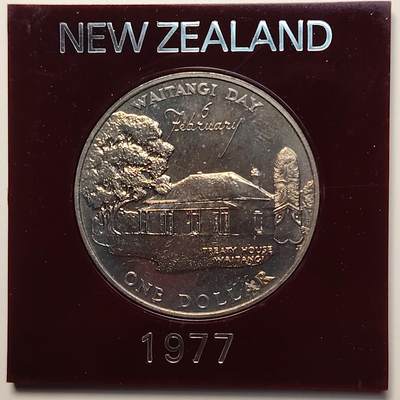 布加迪🐬～世界钱币(上海)🌾第 264 期 /  各国套币和散币 - 新西兰🇳🇿 1977年 1元 怀堂伊协议百年纪念币