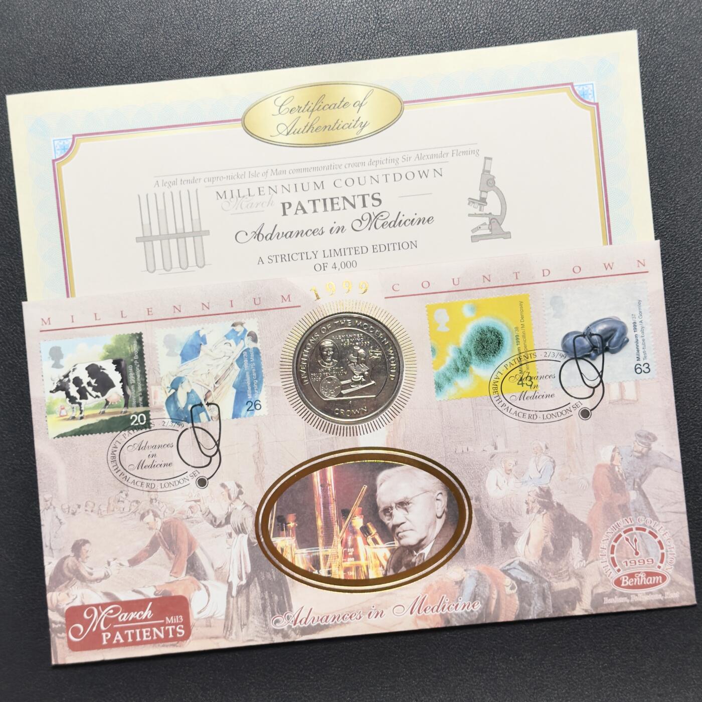 ＜小葵钱铺＞第67期·克朗币·银币场·满200包邮，不寄存·12月15日发货 〈邮币封〉马恩岛1995年世界发明·亚历山大·弗莱明·青霉素1克朗纪念币