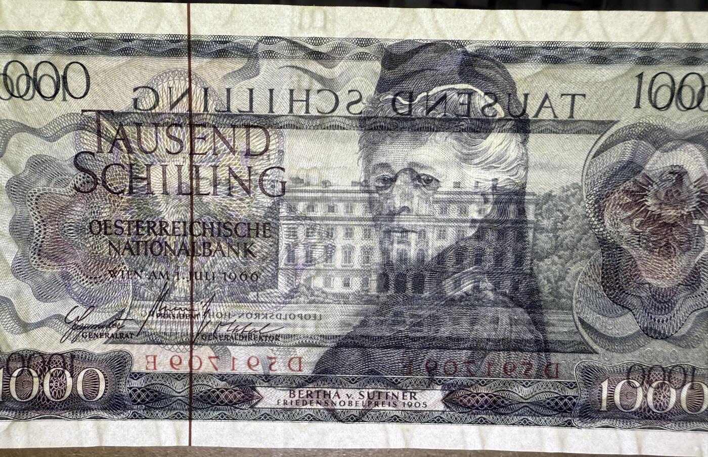 《艾美收藏》第224期-12.14周日外币超白金场 奥地利1000先令 UNC 1966年 奥地利女作家苏特纳 原票好品 无4