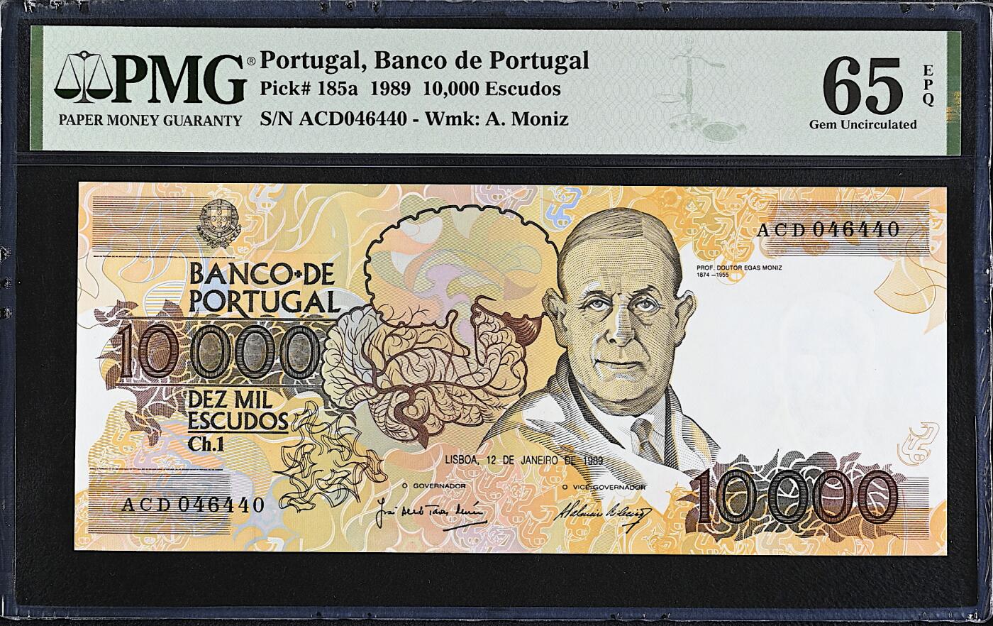 《艾美收藏》第224期-12.14周日外币超白金场 葡萄牙10000埃斯库多 PMG65E 1989年a版 葡萄牙精神病学家安东尼奥 稀少品种