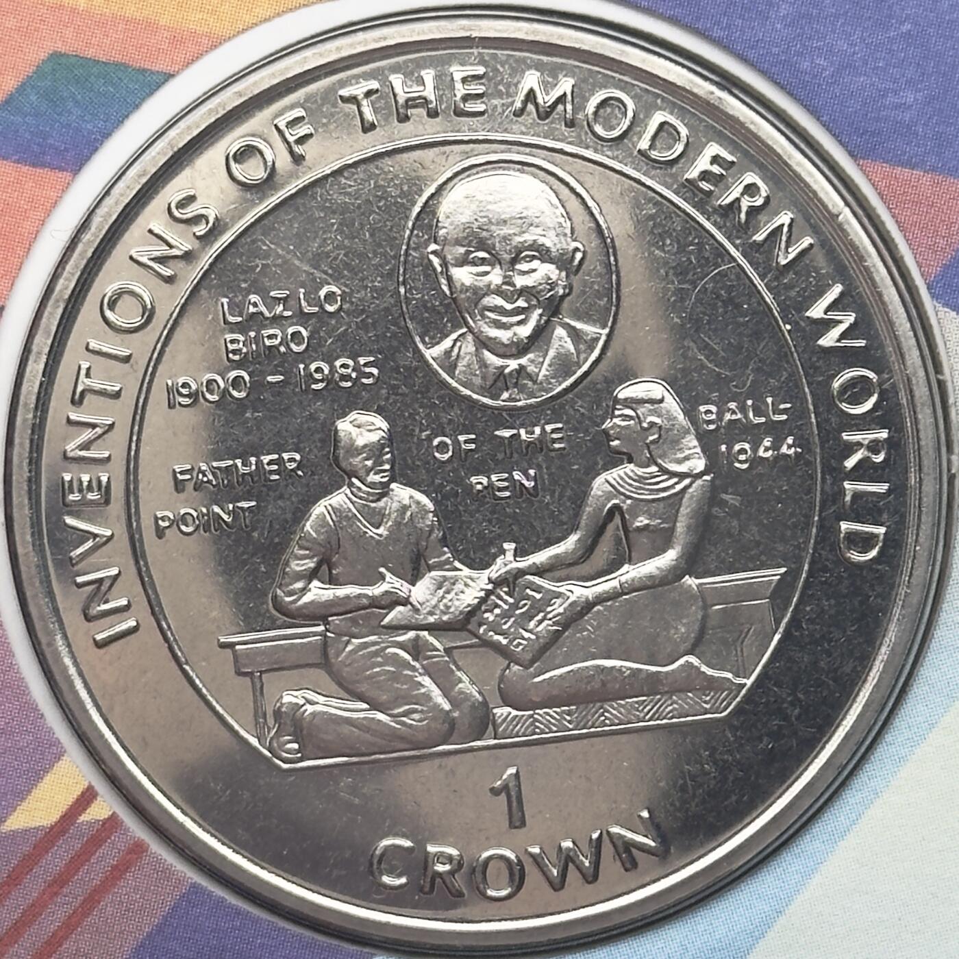 ＜小葵钱铺＞第67期·克朗币·银币场·满200包邮，不寄存·12月15日发货 〈邮币封〉马恩岛1995年现代世界发明·圆珠笔·拉兹洛比罗1克朗纪念币