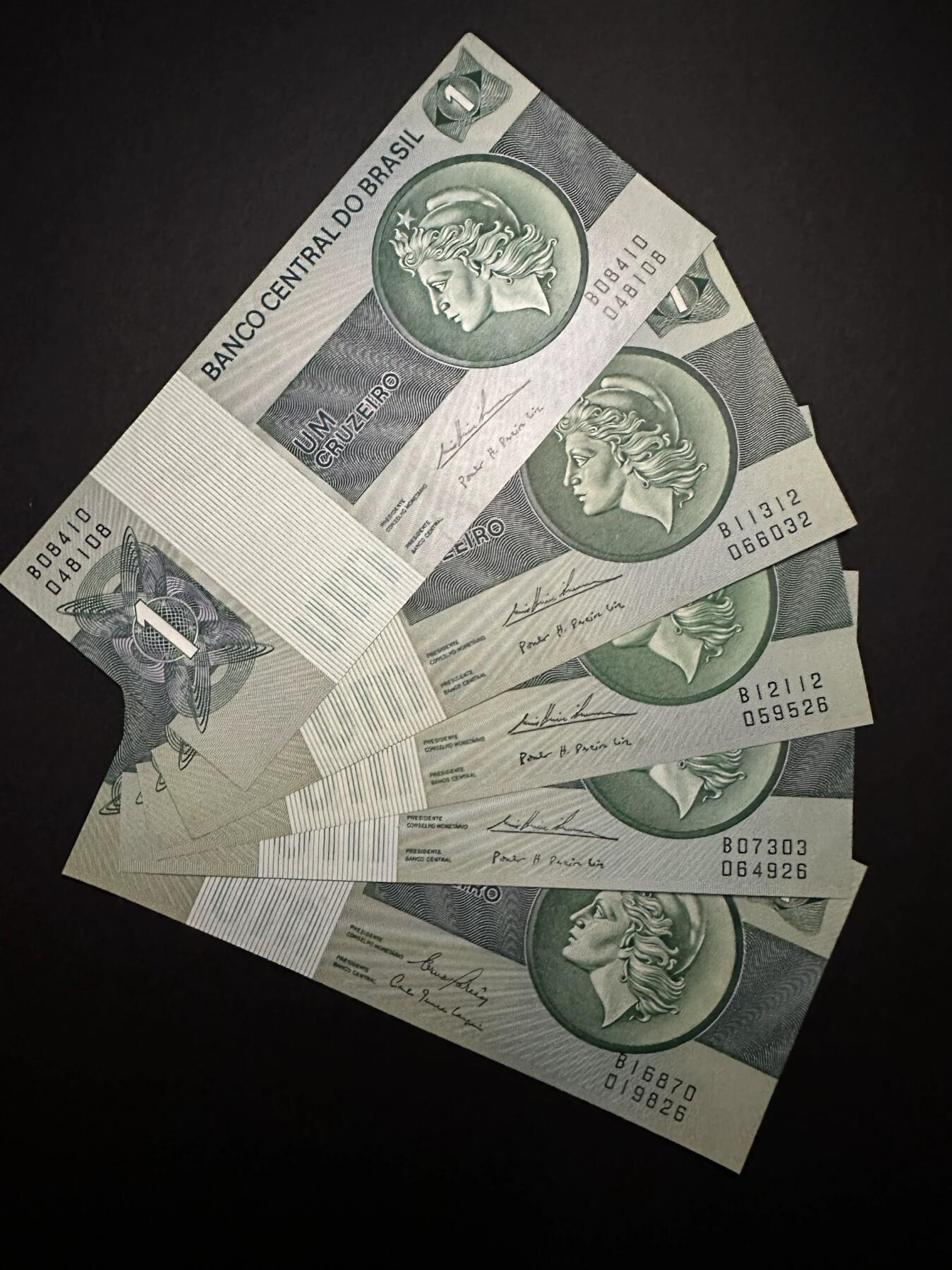 蒂克钱币-第51场 外国平价纸币最后一场 巴西10克鲁塞罗纸币 5枚全新UNC