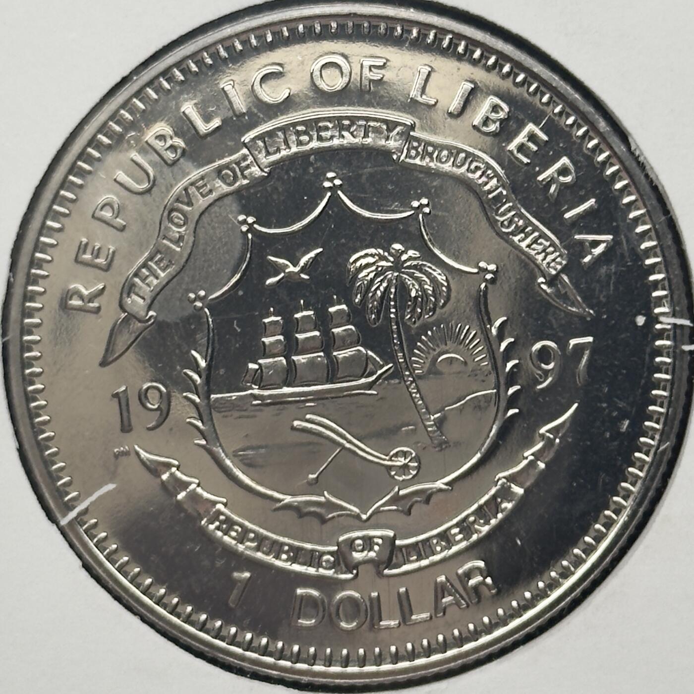 ＜小葵钱铺＞第67期·克朗币·银币场·满200包邮，不寄存·12月15日发货 〈邮币封〉利比里亚1997年独立150周年1元克朗型纪念币