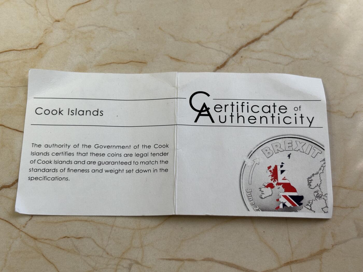 第185期拍卖 库克2016年脱欧彩色纪念银币带证书，999银，3克，发行2016枚