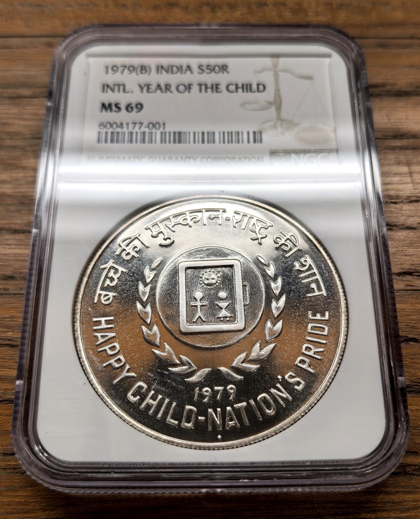 凡希社世界钱币微拍月度大拍（2025/12） 1979印度国际儿童年50卢比纪念大银NGC-MS69，普制版69颇为不易。