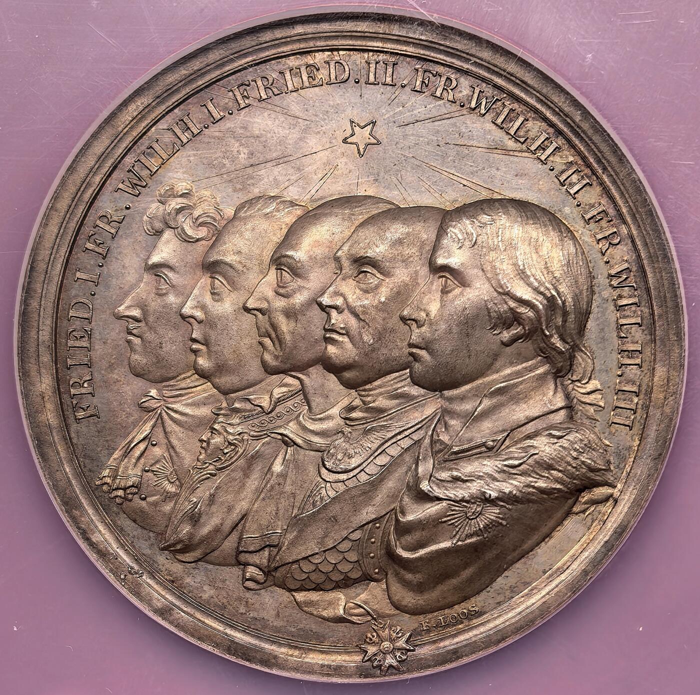 凡希社世界钱币微拍月度大拍（2025/12） 1801德国普鲁士王国百年纪念大银章NGC-MS63，历史名章，正面的五代普鲁士国王雕刻极为生动传神，背面的神话场景繁复精美，堪称同类题材中的翘楚！