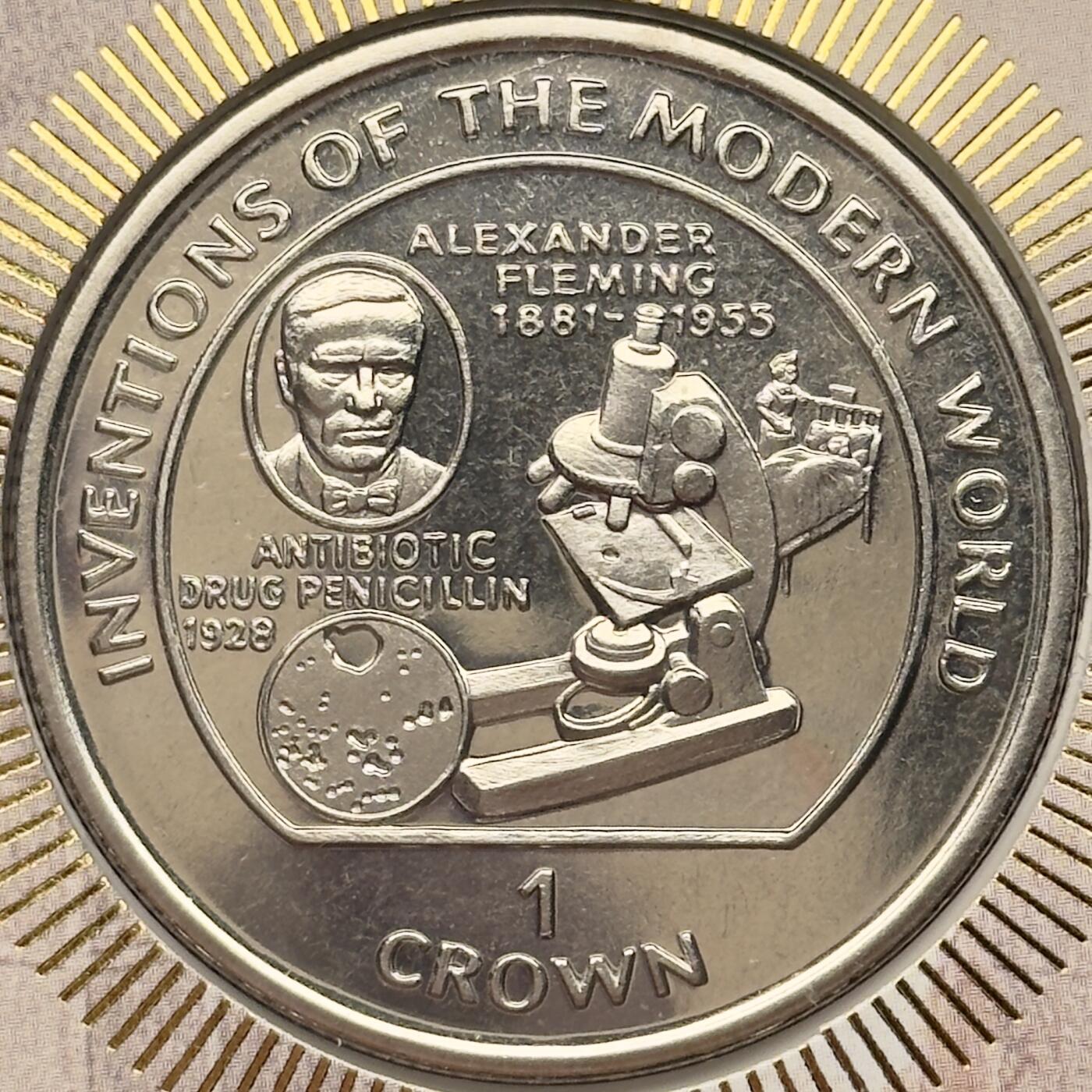 ＜小葵钱铺＞第67期·克朗币·银币场·满200包邮，不寄存·12月15日发货 〈邮币封〉马恩岛1995年世界发明·亚历山大·弗莱明·青霉素1克朗纪念币