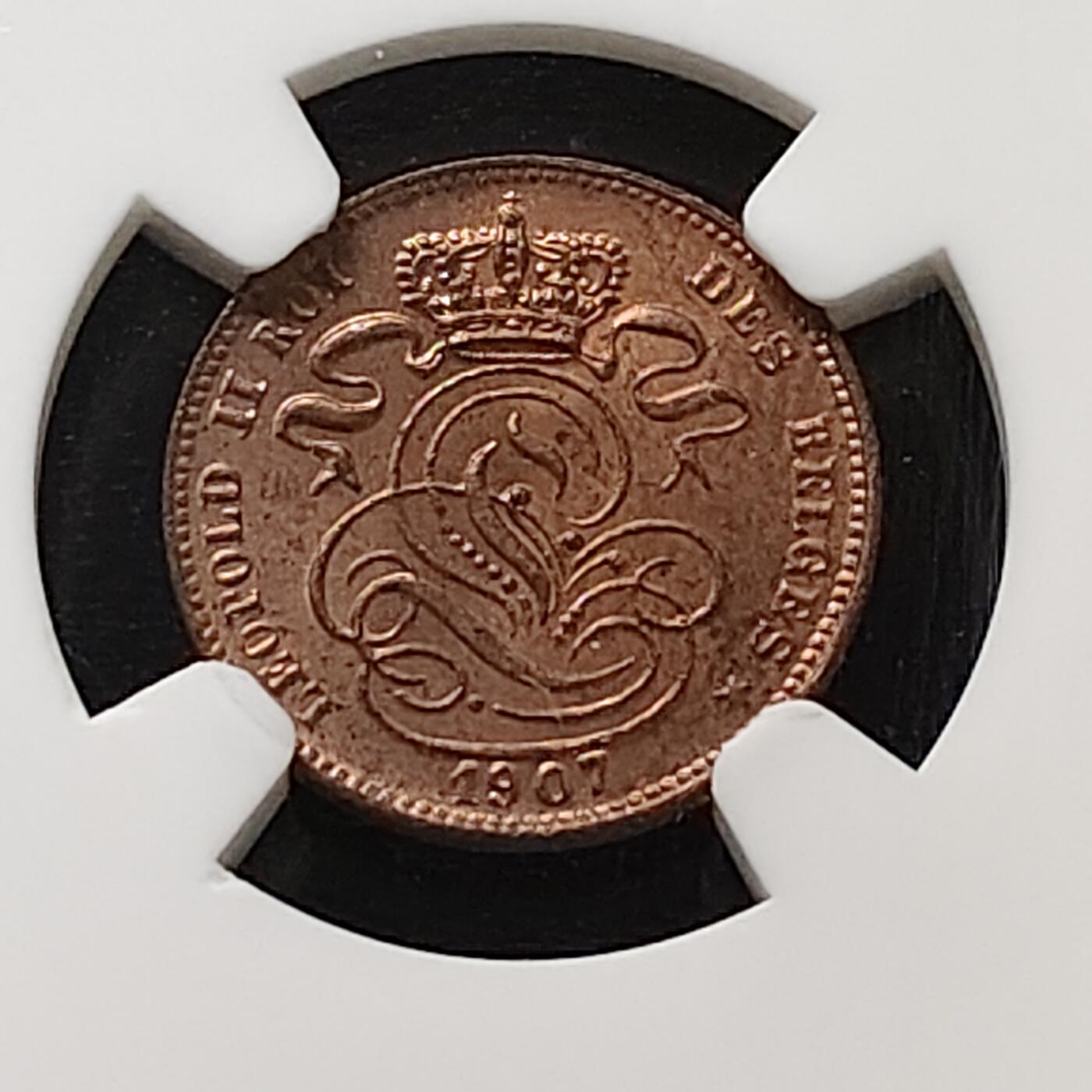 【全场包邮】纯粹捡漏拍487场（免费代拍第24场） 【收藏级·亚军分】比利时1907年利奥波德二世法语版1分铜币-NGC MS65 RB（更高分仅1枚）