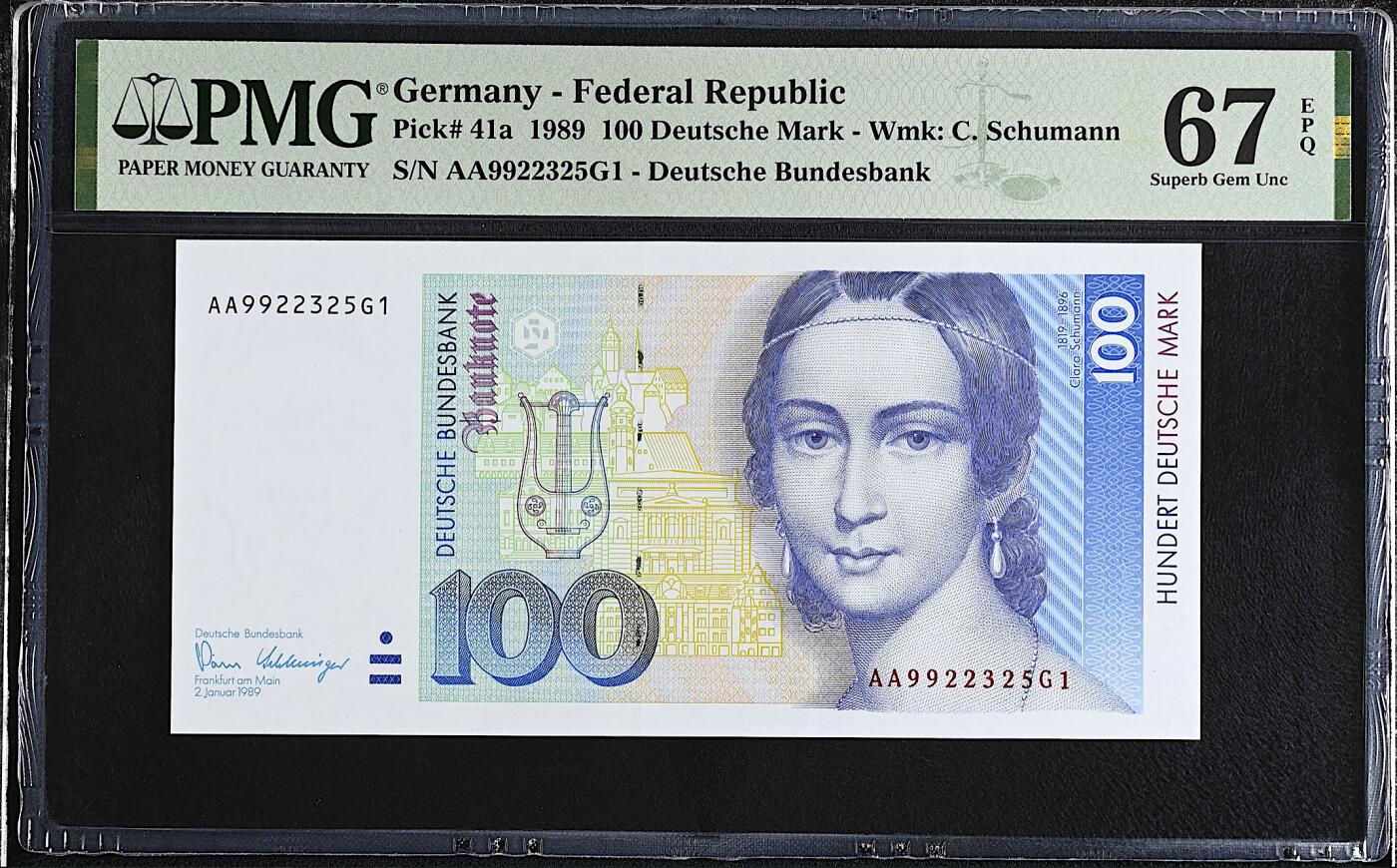 《艾美收藏》第224期-12.14周日外币超白金场 德国100马克 PMG67E 1989年 克拉拉 AA冠无47