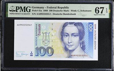 《艾美收藏》第224期-12.14周日外币超白金场 - 德国100马克 PMG67E 1989年 克拉拉 AA冠无47