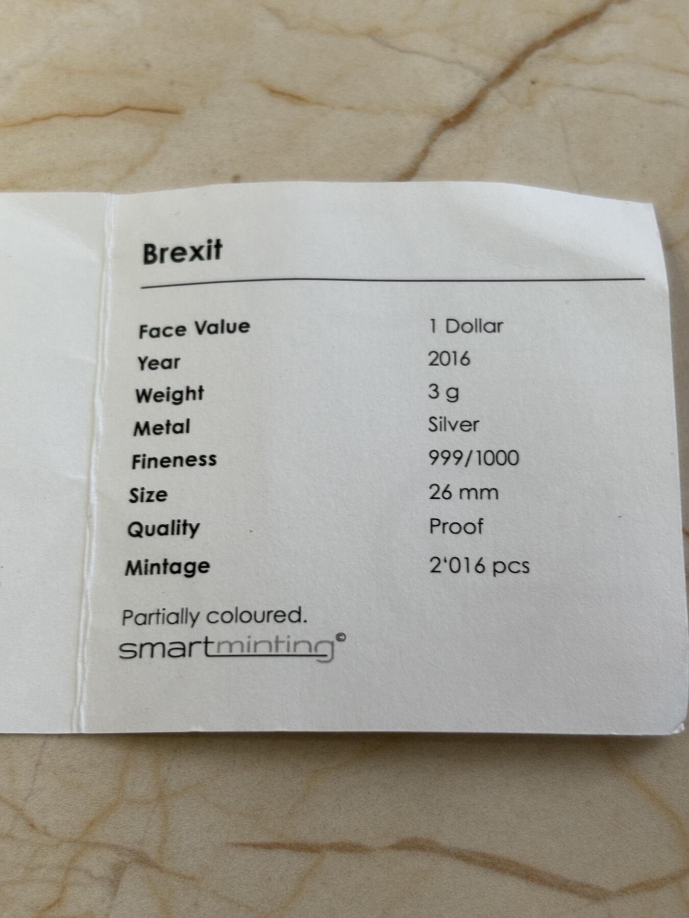 第185期拍卖 库克2016年脱欧彩色纪念银币带证书，999银，3克，发行2016枚