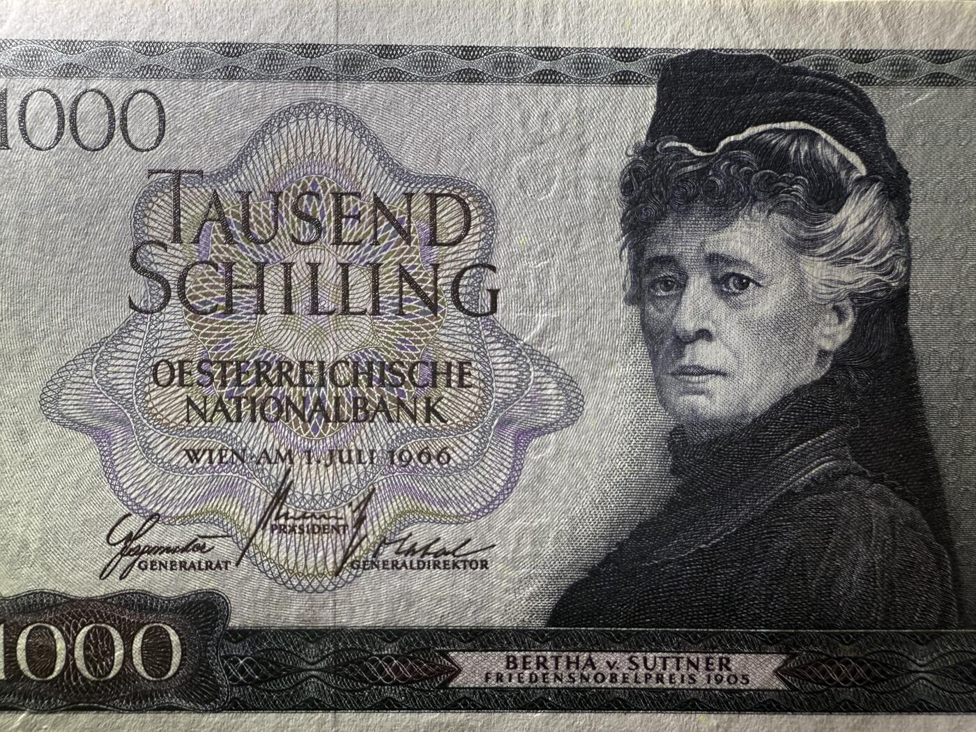 《艾美收藏》第224期-12.14周日外币超白金场 奥地利1000先令 UNC 1966年 奥地利女作家苏特纳 原票好品 无4