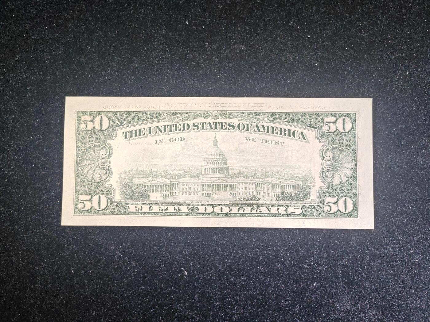 美国 1990年 小头版 50美元 纸币 95品 有轻微流通痕迹