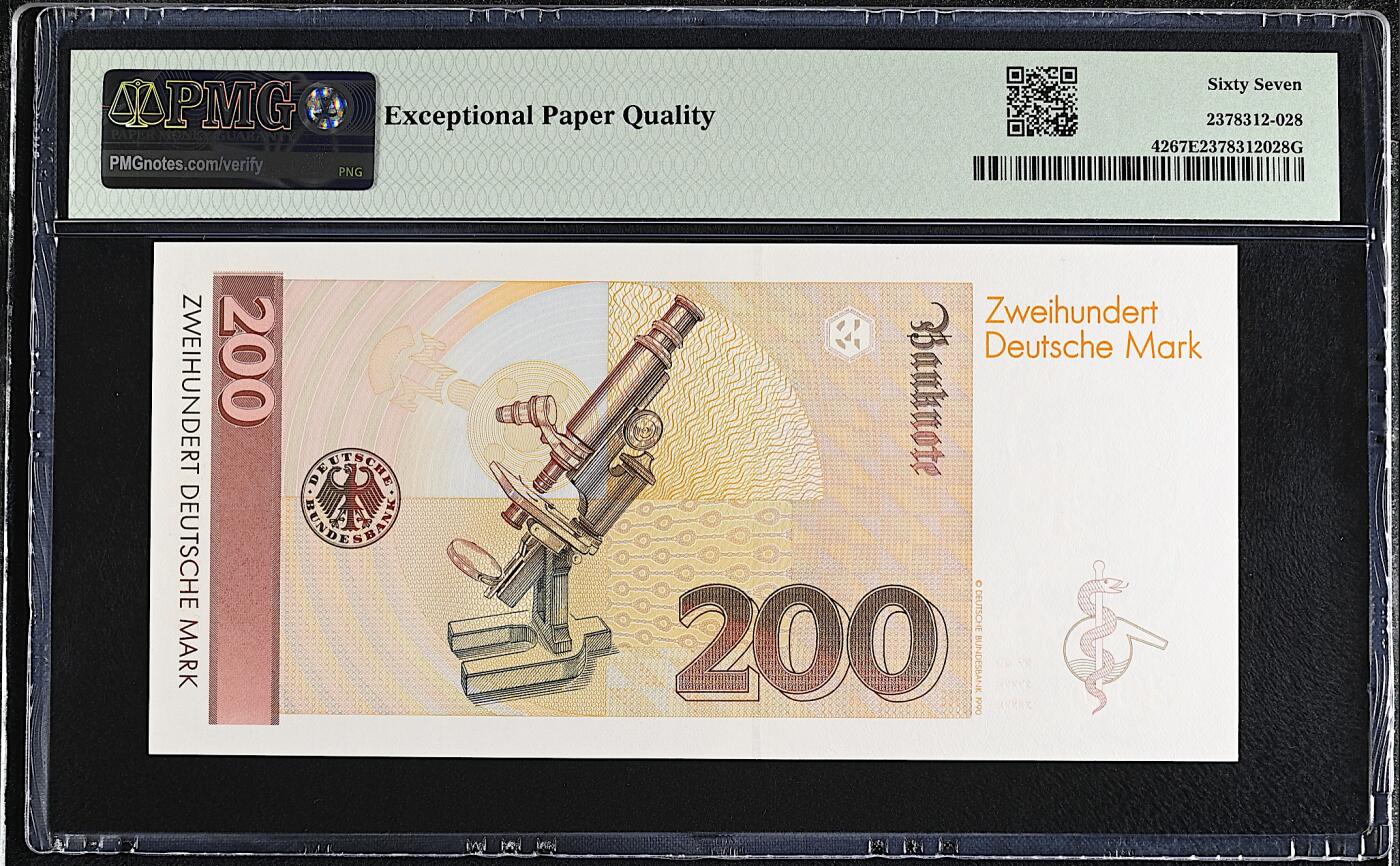 《艾美收藏》第224期-12.14周日外币超白金场 德国200马克 PMG67E 1989年 德国医学家埃尔利希 AA冠无347尾8