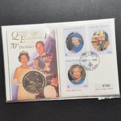 ＜小葵钱铺＞第67期·克朗币·银币场·满200包邮，不寄存·12月15日发货 - 〈邮币封〉特克斯和凯科斯群岛1996年女王70岁生日5元克朗型纪念币