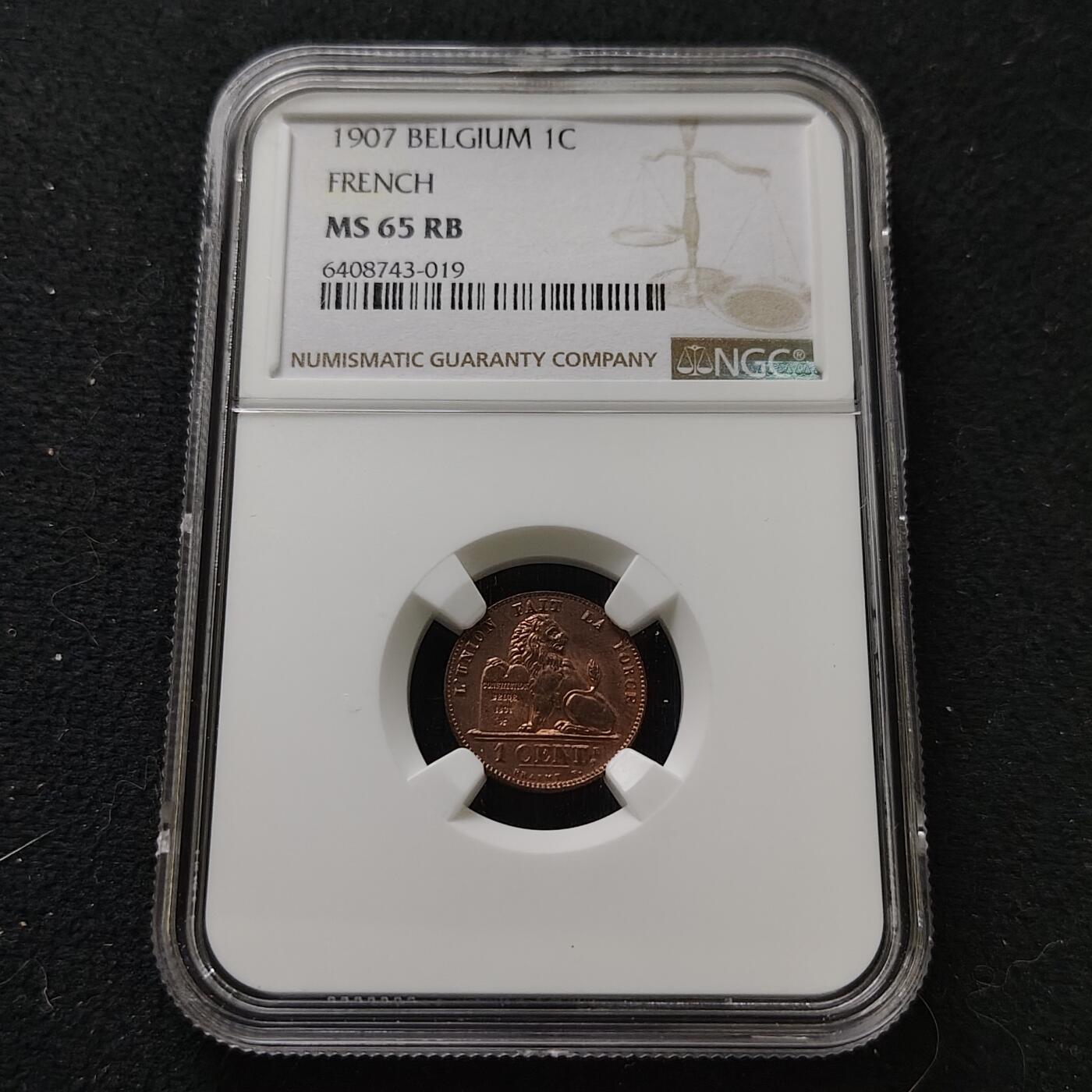 【全场包邮】纯粹捡漏拍487场（免费代拍第24场） 【收藏级·亚军分】比利时1907年利奥波德二世法语版1分铜币-NGC MS65 RB（更高分仅1枚）