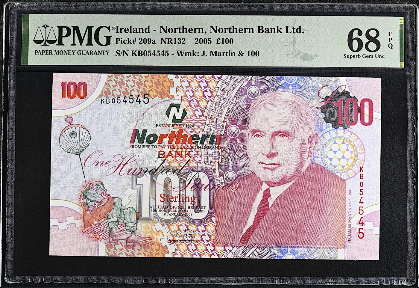 《艾美收藏》第224期-12.14周日外币超白金场 北爱尔兰100镑 PMG68E 2005年 北方银行 英国飞机设计师詹姆斯·马丁 冠军分