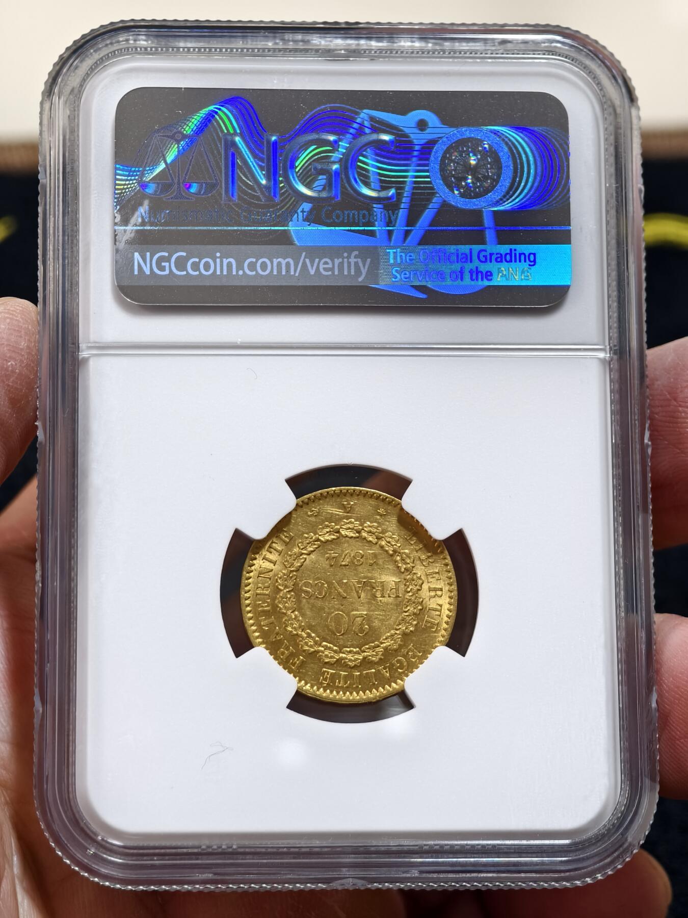 NGC-UNCD法国1874年天使20法郎金币
