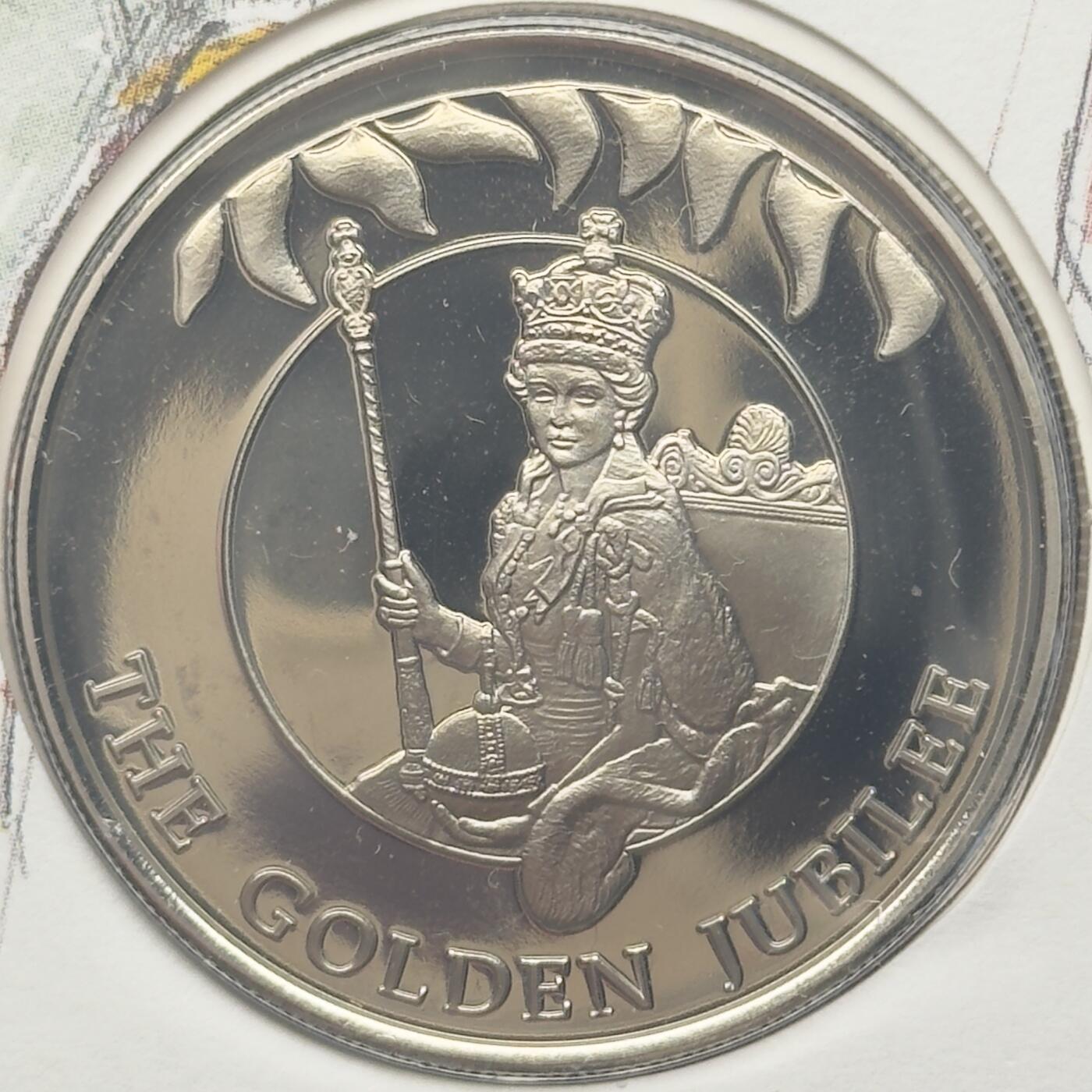 ＜小葵钱铺＞第67期·克朗币·银币场·满200包邮，不寄存·12月15日发货 〈邮币封〉福克兰群岛2002年女王金禧纪念·加冕50便士克朗型纪念币