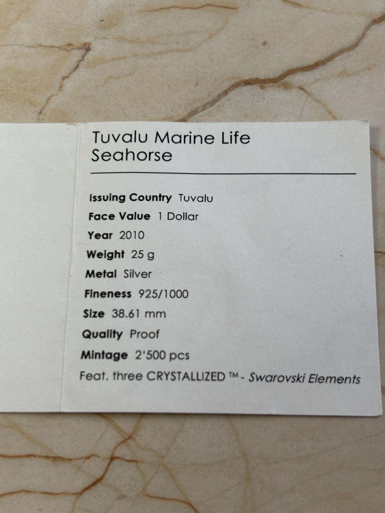 第185期拍卖 图瓦卢2010年海洋动物海马镶施华洛世奇蓝水晶银币带证书，925银，25克，发行2500枚