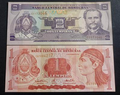 【游宝拍卖】乙巳蛇年94期 周六集拍 - 洪都拉斯-1伦皮拉/2伦皮拉【近新品相AU/AU- 轻微受潮 泛黄】