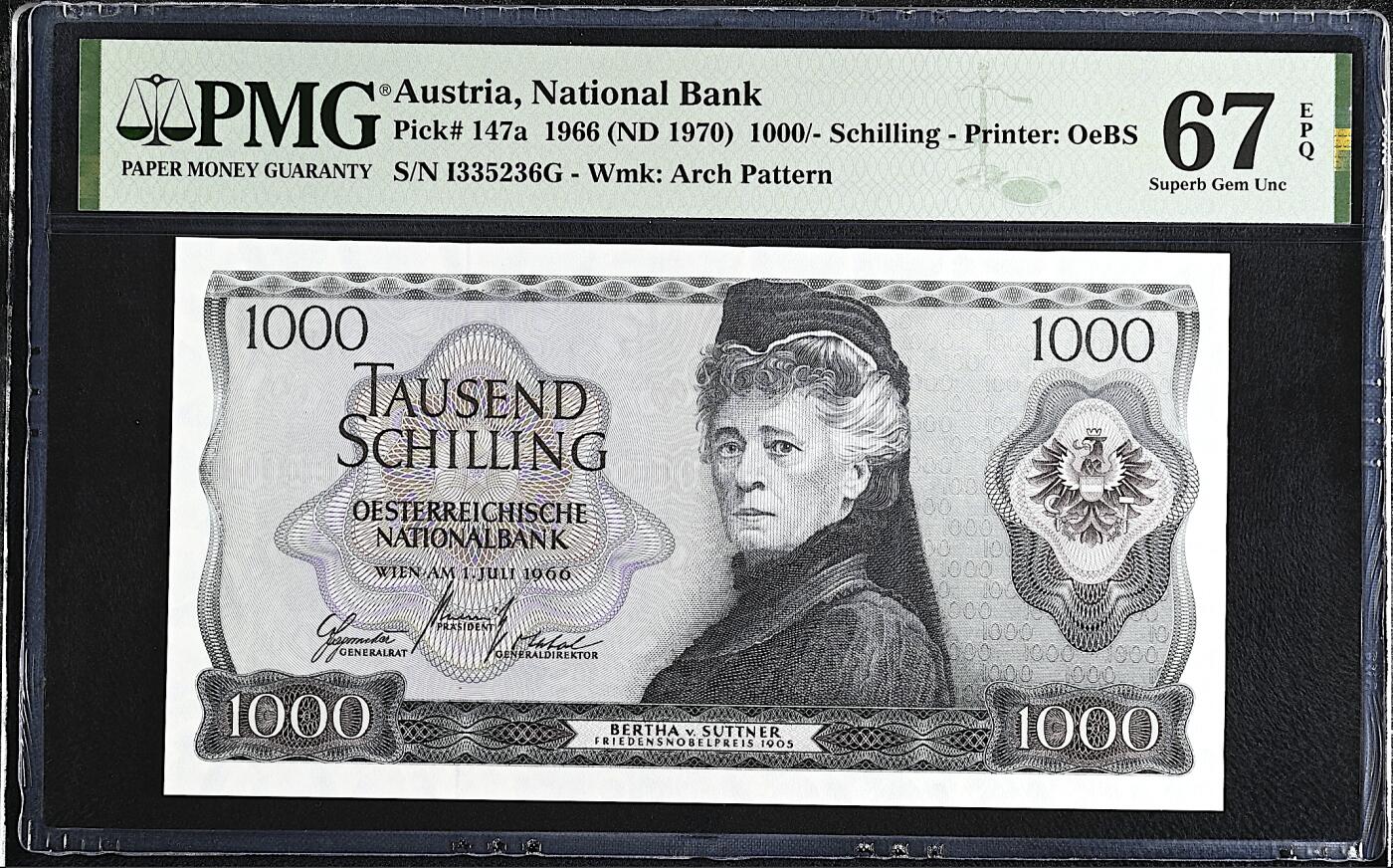 《艾美收藏》第224期-12.14周日外币超白金场 奥地利1000先令 PMG67E 1966年 奥地利女作家苏特纳 无47