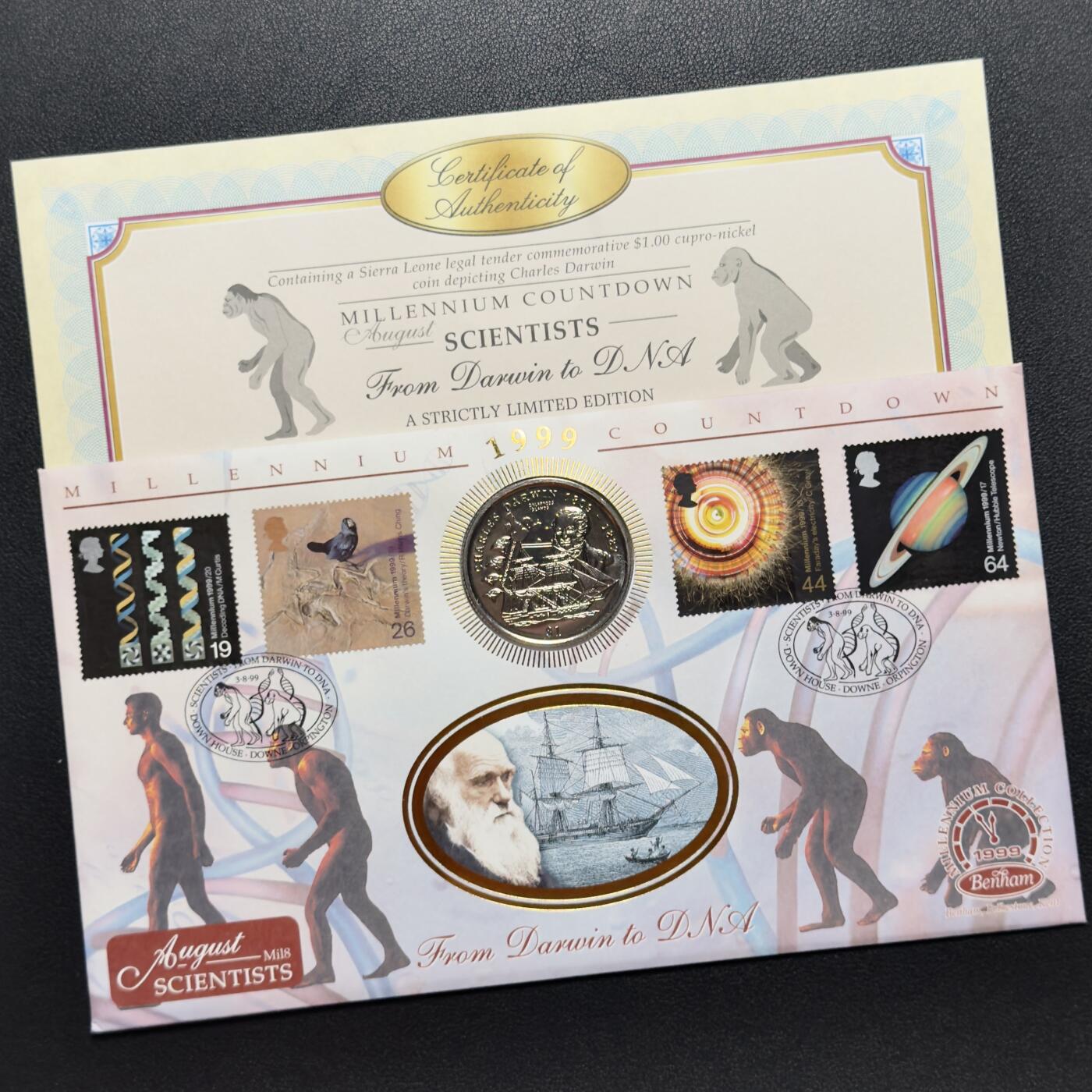 ＜小葵钱铺＞第67期·克朗币·银币场·满200包邮，不寄存·12月15日发货 〈邮币封〉塞拉利昂1999年查尔斯·达尔文1元克朗型纪念币