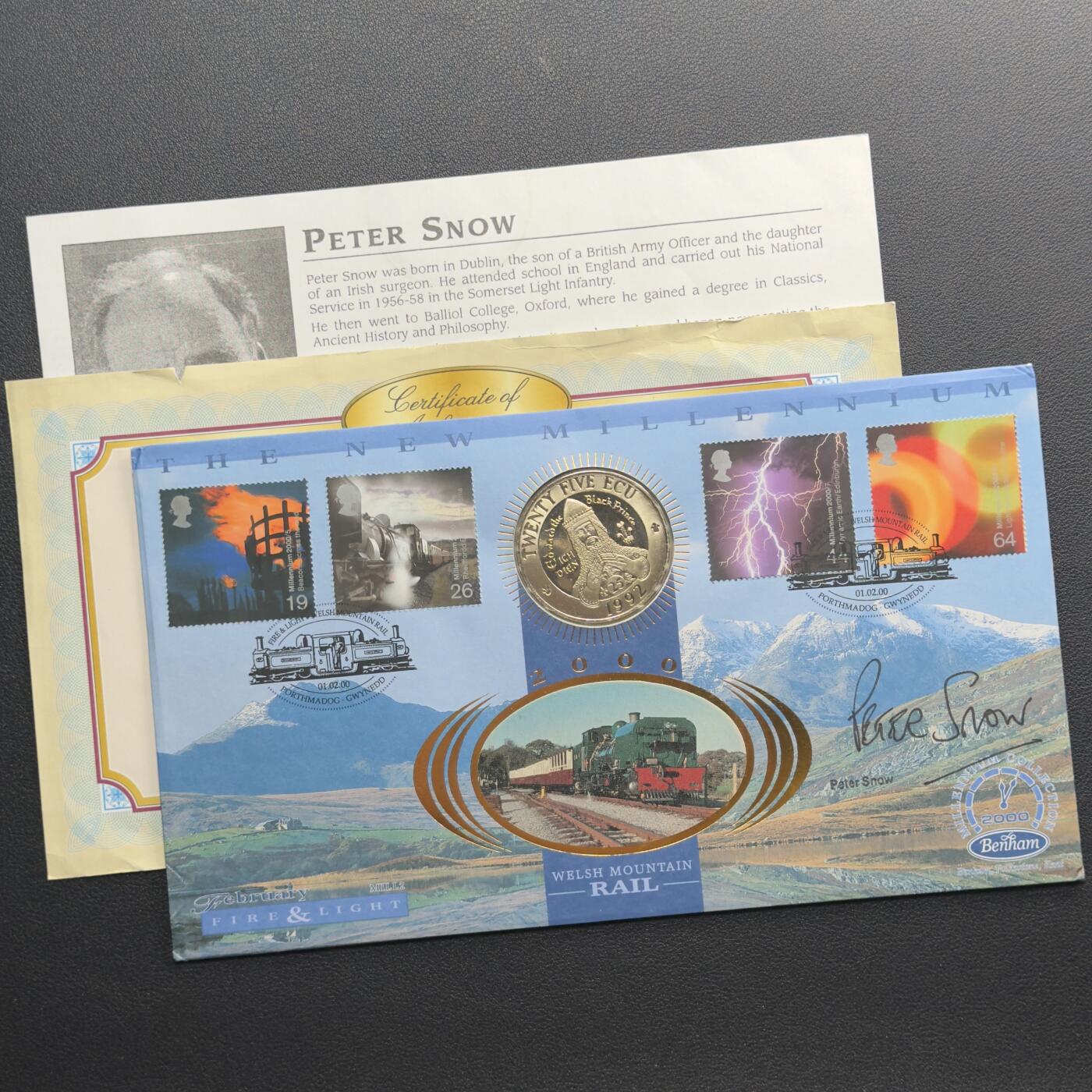 ＜小葵钱铺＞第67期·克朗币·银币场·满200包邮，不寄存·12月15日发货 〈邮币封·彼得·斯诺- BBC·Newsnight首位主持人签名〉威尔士1992年黑王子爱德华25ECU克朗型纪念币