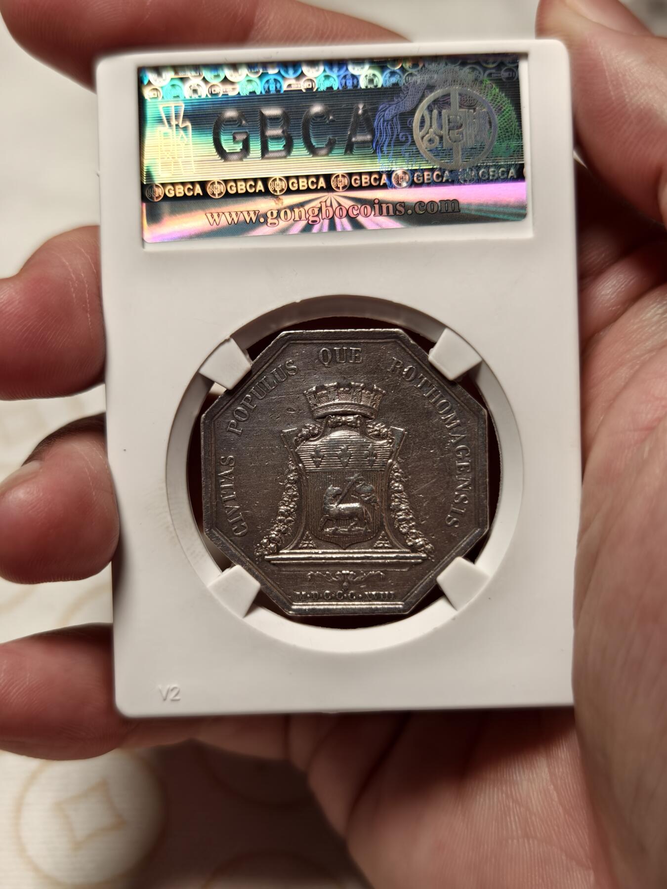 抚柳草堂-首期章牌钱币 限时免佣 满百包邮 放漏专场 法国路易十八银质八角形代币 早期光边原铸造 公博ms61开放盒