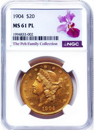 【Blue Auction】世界纸币精拍第762期——18级TOP拍卖/信誉/品质/专业/高效💫 -  【新加坡船王白家旧藏 Prooflike类镜面少见】美国 1904年20美金自由女神双鹰大金币 NGC MS61PL 脸部比很多65/66分还干净 33.43克 实物镜面感十足 女神发丝清晰 背面鹰的细节高点均非常出彩 13颗星代表了最初的13个殖民地 背标语“In God We Trust”值得收藏 （该款金币诞生于1849年加州淘金热，源于人们对更大面值、更便于交易的货币需求）