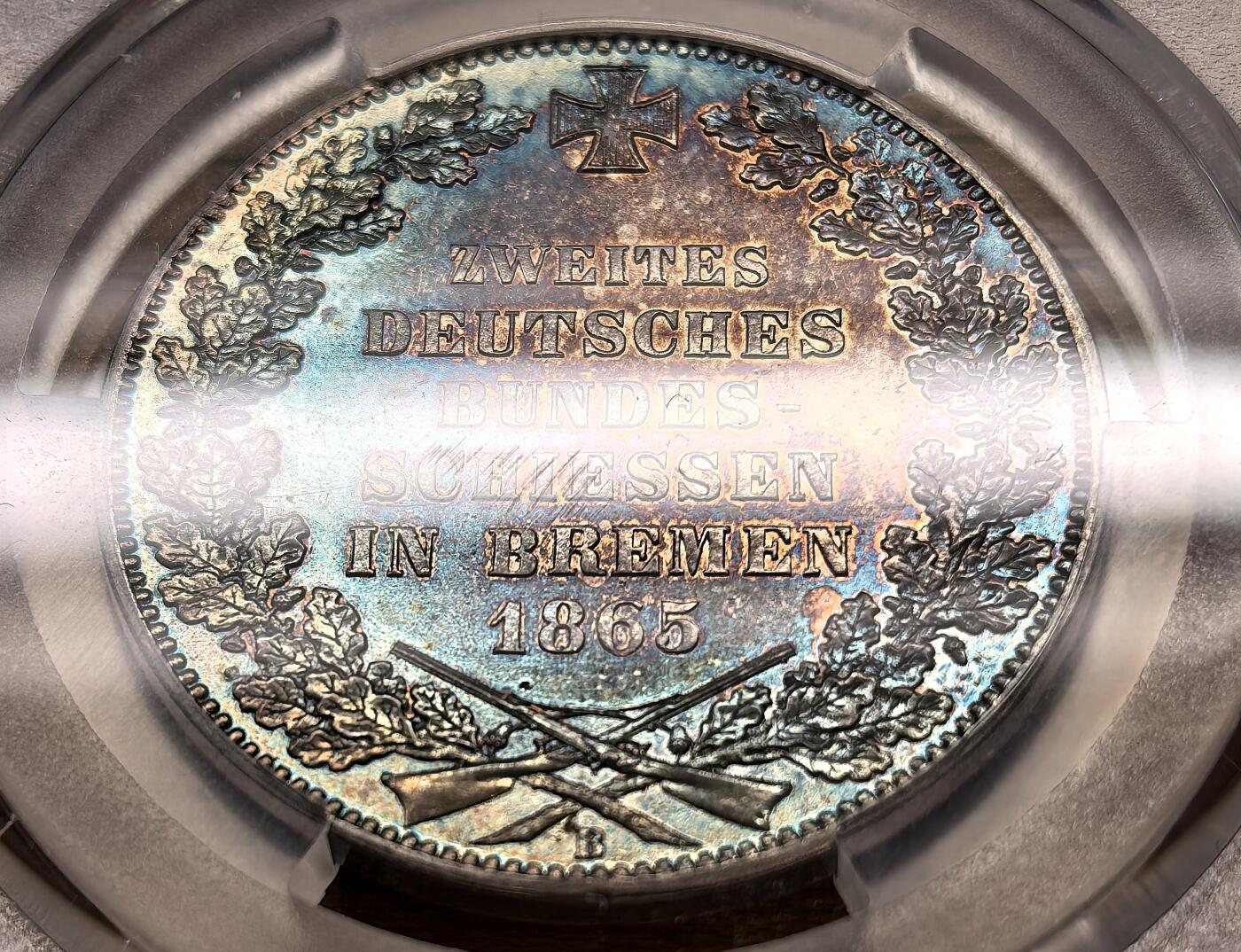 凡希社世界钱币微拍月度大拍（2025/12） 1865B德国不莱梅射击节纪念泰勒PCGS-MS62，蓝金彩，美不胜收！（视频参考）