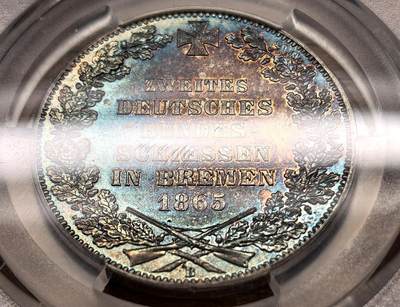 凡希社世界钱币微拍月度大拍（2025/12） - 1865B德国不莱梅射击节纪念泰勒PCGS-MS62，蓝金彩，美不胜收！（视频参考）