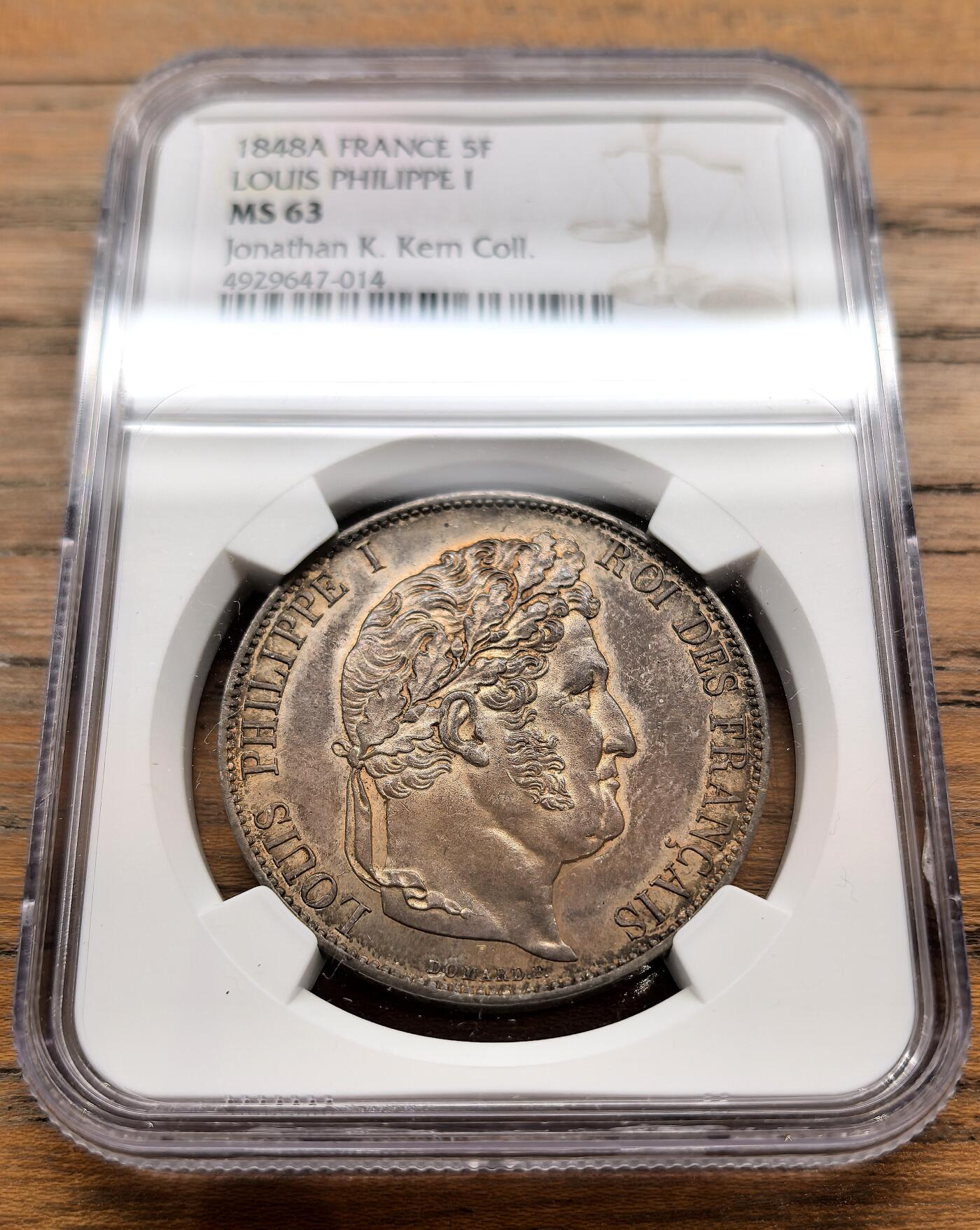 凡希社世界钱币微拍月度大拍（2025/12） 1848A法国路易菲力桂冠像5法郎大银NGC-MS61美包浆。