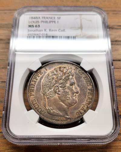 凡希社世界钱币微拍月度大拍（2025/12） - 1848A法国路易菲力桂冠像5法郎大银NGC-MS61美包浆。