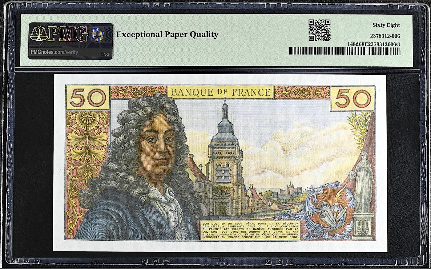 《艾美收藏》第224期-12.14周日外币超白金场 法国50法郎 PMG68E 1973年 法国剧作家让·拉辛 无4冠军分 仅3张