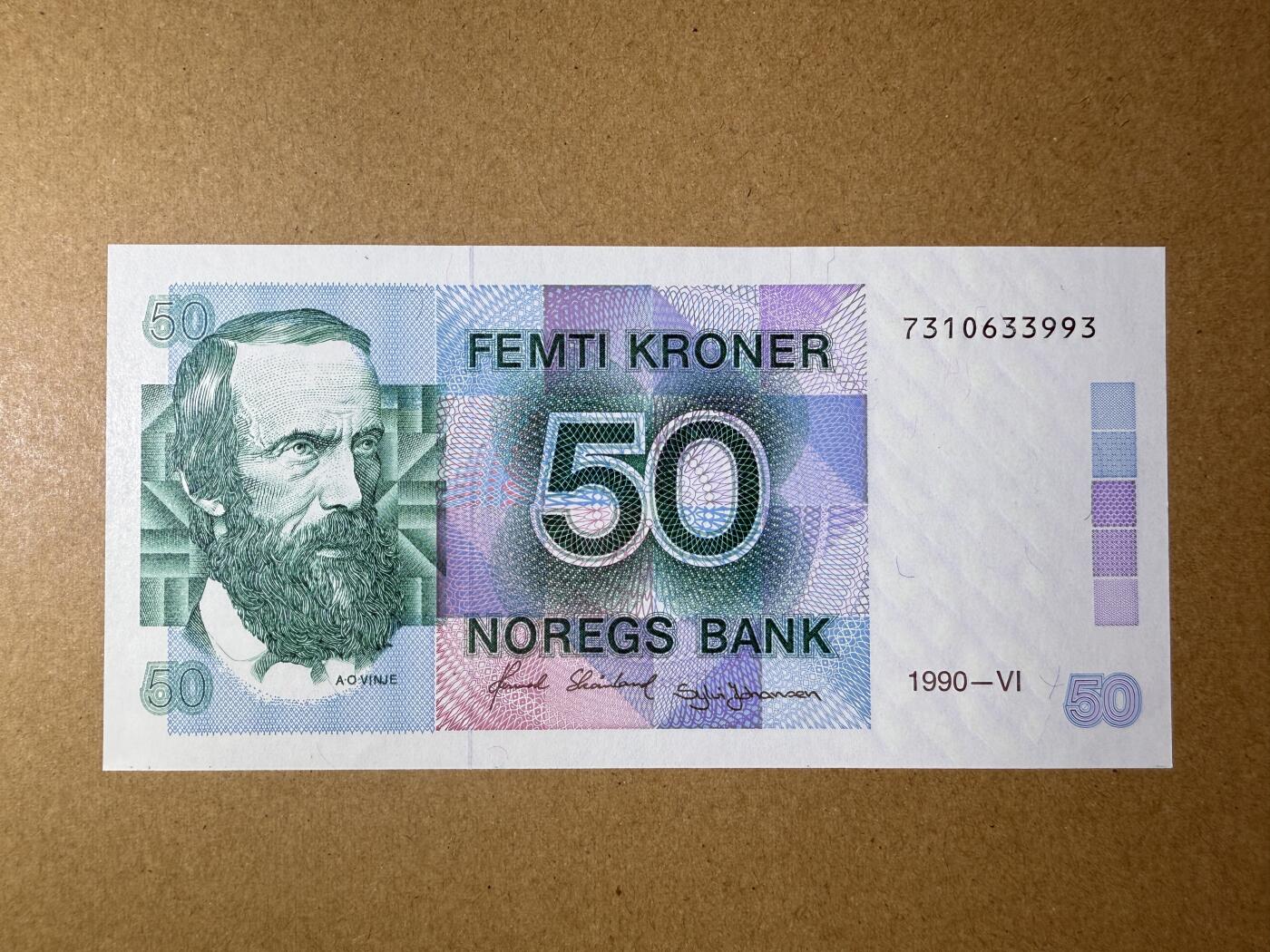 《艾美收藏》第224期-12.14周日外币超白金场 挪威50克朗 UNC 1990年 挪威诗人文耶 无4