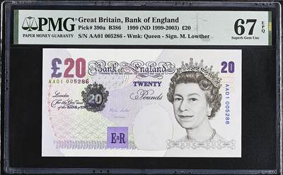 《艾美收藏》第224期-12.14周日外币超白金场 - 英国20镑 PMG67E E序列再版 AA01冠 千位小号 无347