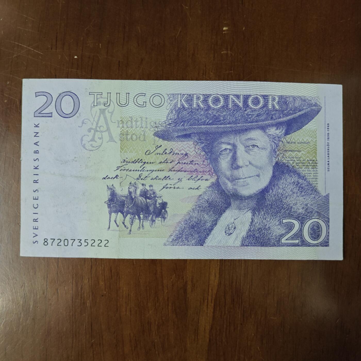 1997-2008年瑞典20克朗 纸币  尼尔斯骑鹅旅行记流通品原图片