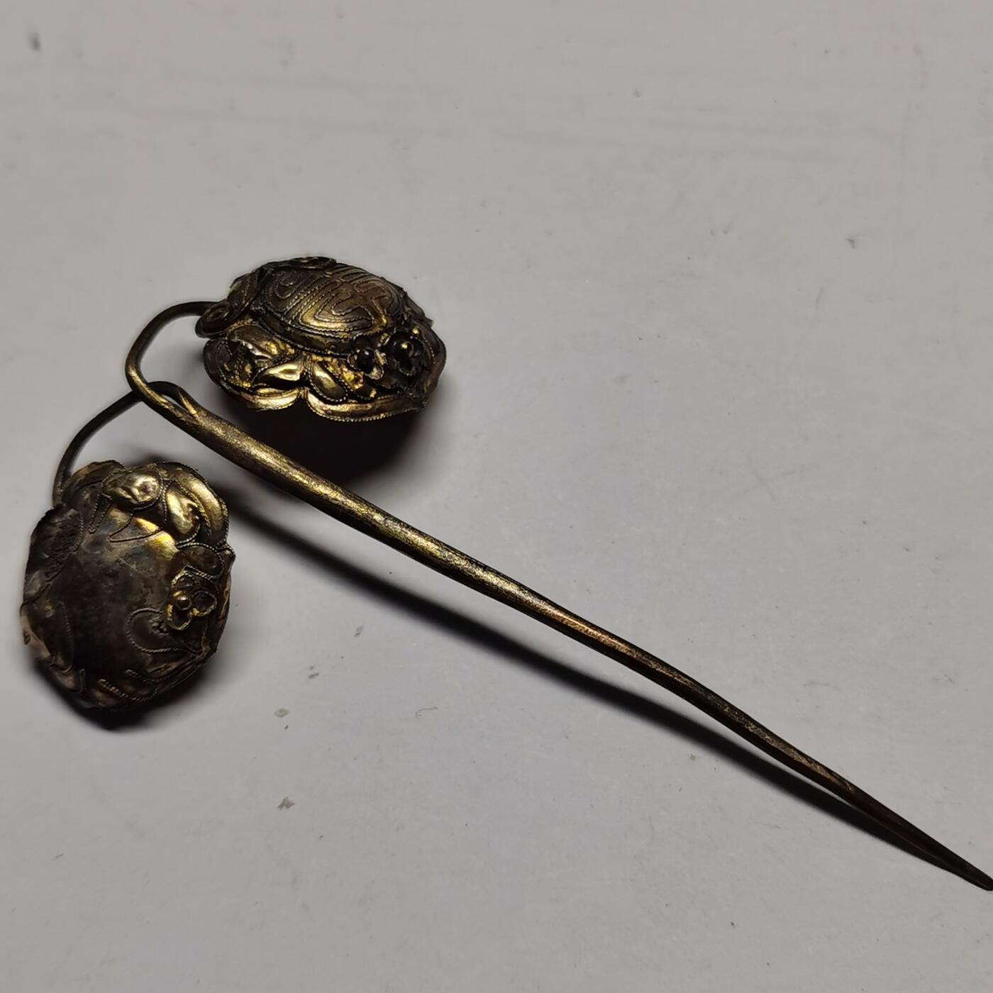 杂件专场88期 清代老银鎏金发簪掐丝花纹