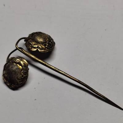 杂件专场88期 - 清代老银鎏金发簪掐丝花纹