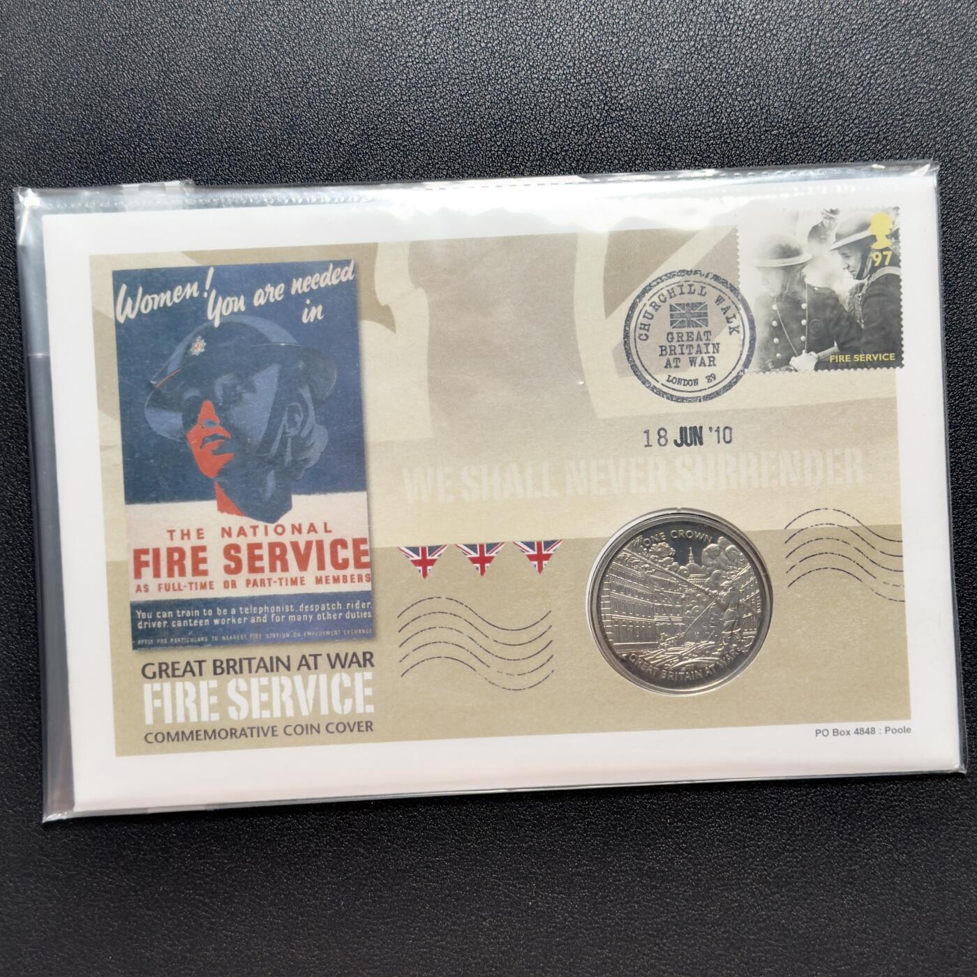 ＜小葵钱铺＞第67期·克朗币·银币场·满200包邮，不寄存·12月15日发货 〈邮币封〉直布罗陀2010年战争中的英国·伦敦消防员1克朗纪念币