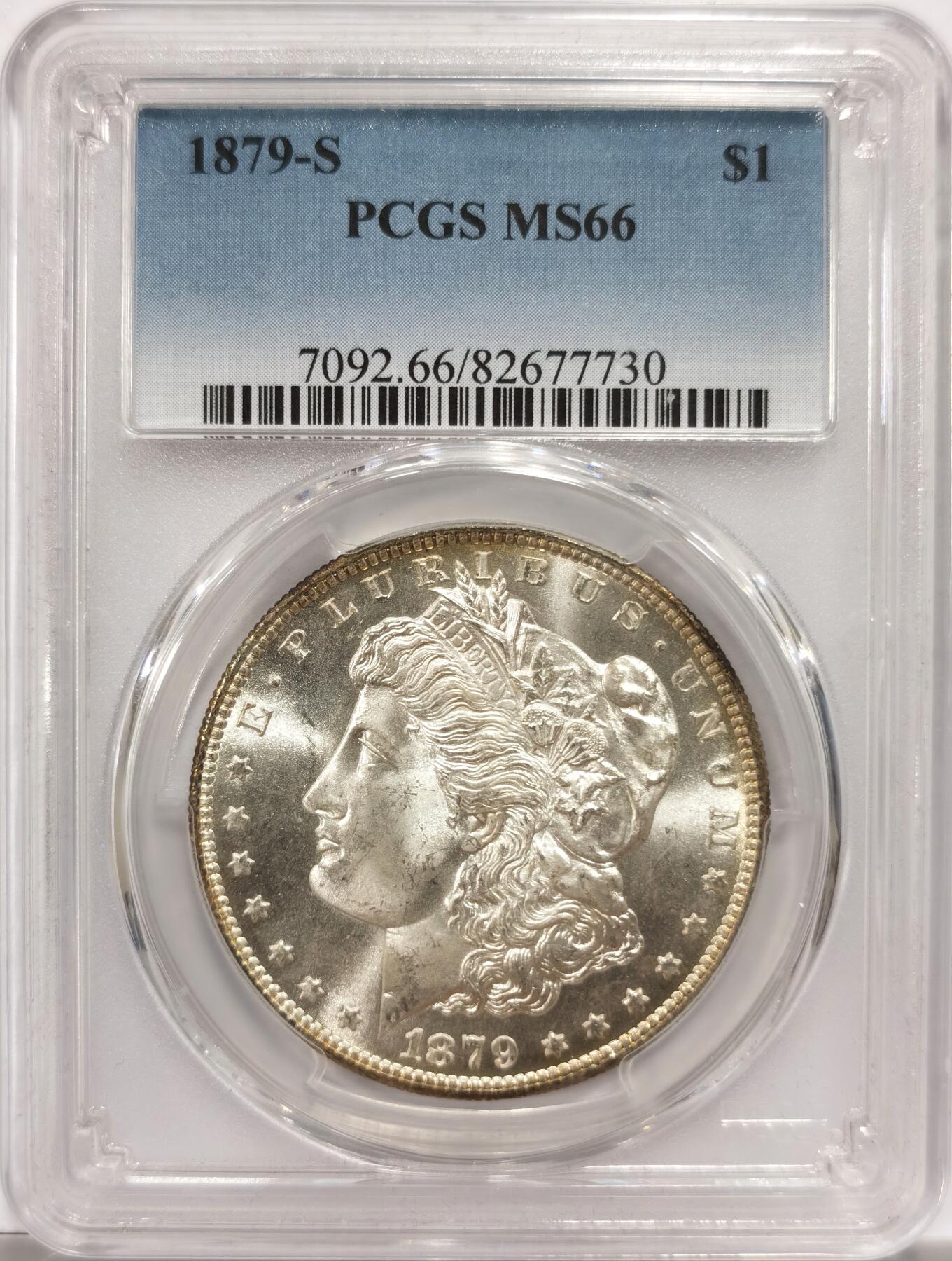 博洋堂藏家专场系列之美国钱币白金之夜专场②暨第152期（全场包邮）  PCGS MS66 美国1879 S 摩根。早期摩根的高分相对来说还是比较少的，这两年涨的也很猛。超强车轮转光状态极佳。8月麦稀奇同分含佣金拍了3000