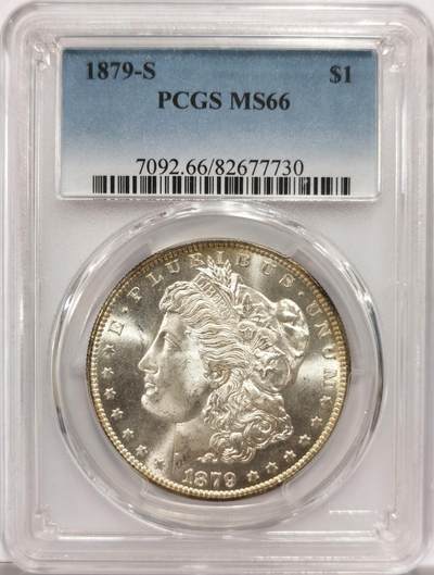 博洋堂藏家专场系列之美国钱币白金之夜专场②暨第152期（全场包邮）  - PCGS MS66 美国1879 S 摩根。早期摩根的高分相对来说还是比较少的，这两年涨的也很猛。超强车轮转光状态极佳。8月麦稀奇同分含佣金拍了3000