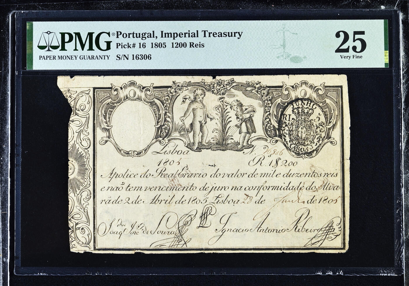 【Blue Auction】世界纸币精拍第762期——18级TOP拍卖/信誉/品质/专业/高效💫 【葡国最早的纸币之一 文物级别  克劳斯目录无法定价只有横线 唯一冠军分 仅2个记录存世极罕见 无47 两张一套】葡萄牙帝国 若昂六世时期 1805年1200瑞斯实钞 两个小孩浇花 带刚戳水印及盾徽 PMG25 非常值得收藏有意义的一张早期纸币（葡萄牙首张纸币于1797年发行）